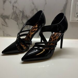 Women's Black Patent Strappy Pointed-Toe Heels